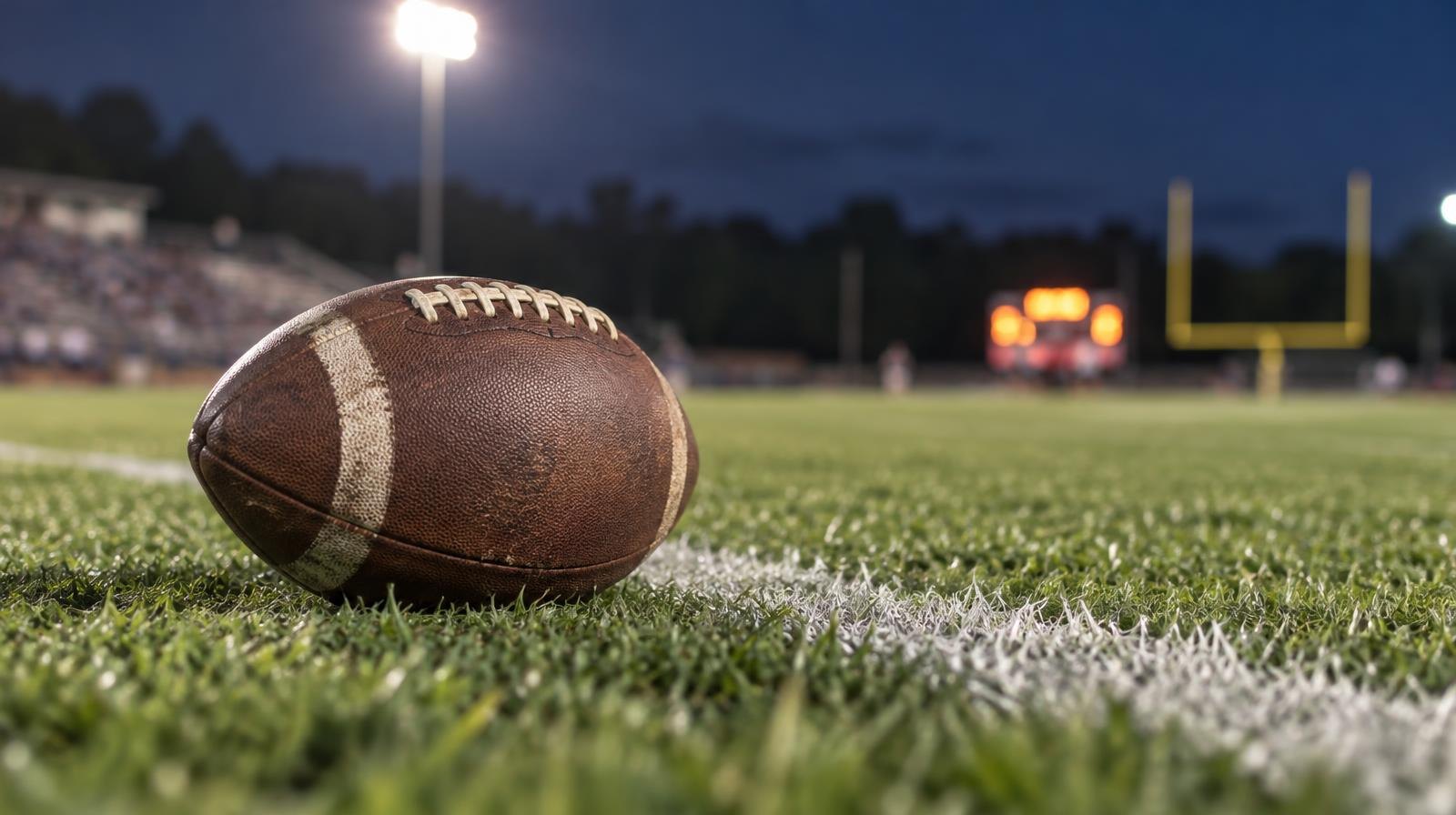 An American football on green grass near a white yard line under stadium lights.