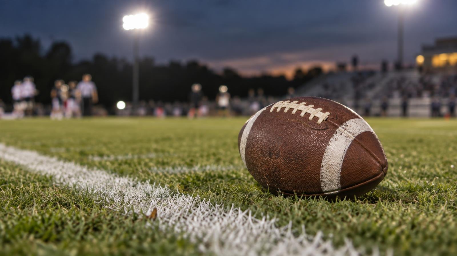 An American football resting on green grass next to a white painted yard line.