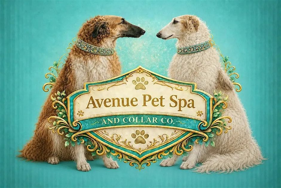 Two sighthound dogs in decorative collars flanking an ornate teal-and-gold badge logo.