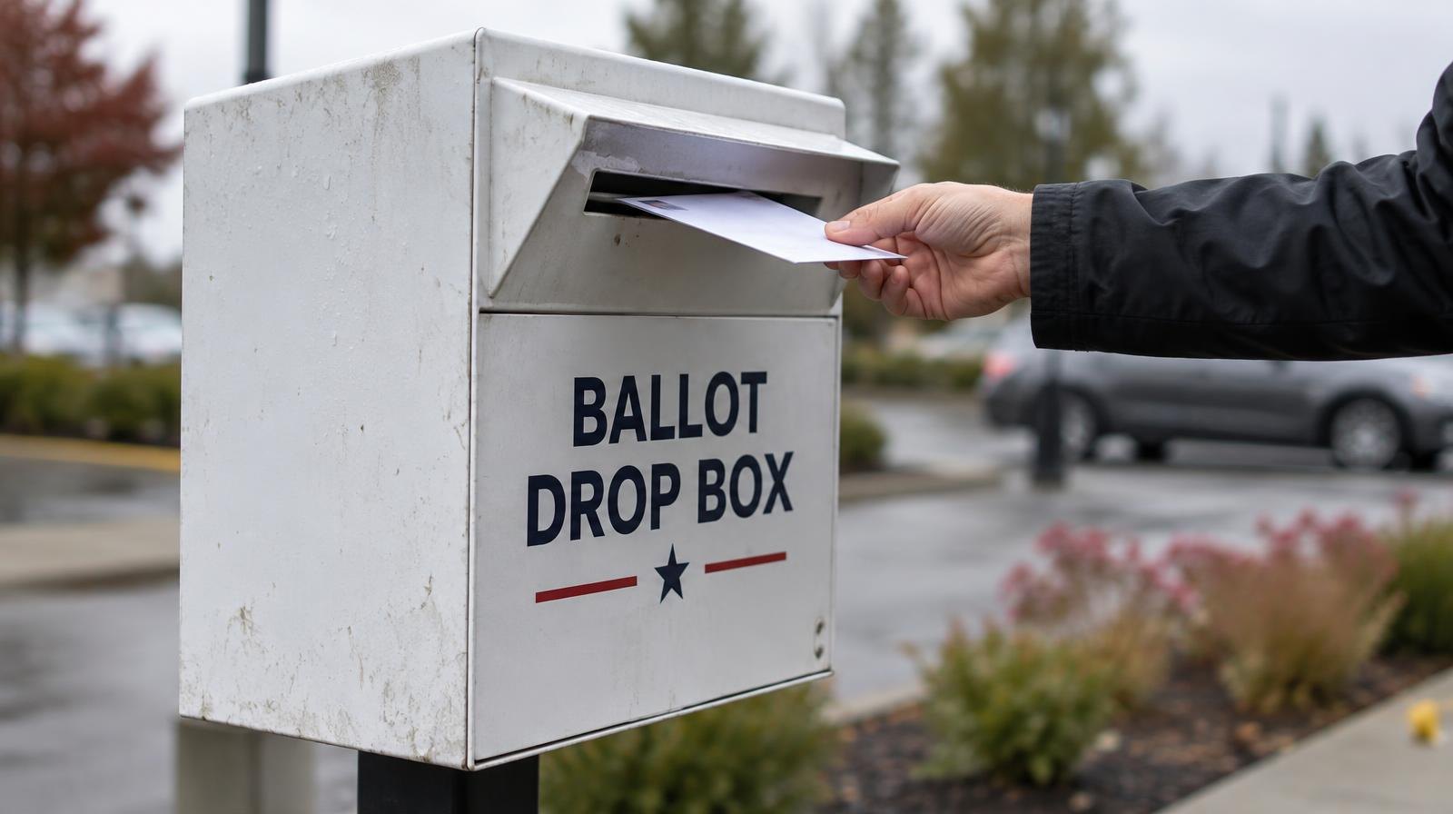 A metal ballot drop box mounted on a post outdoors with an envelope slot.