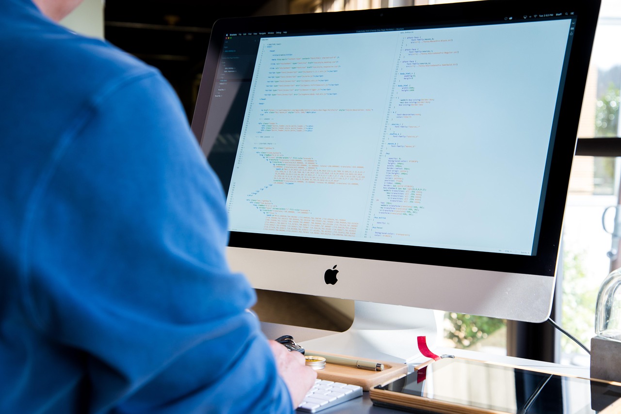 Man, computer, screen, desktop, imac, apple products, desktop computer, workspace, workplace, working, technology, indoo