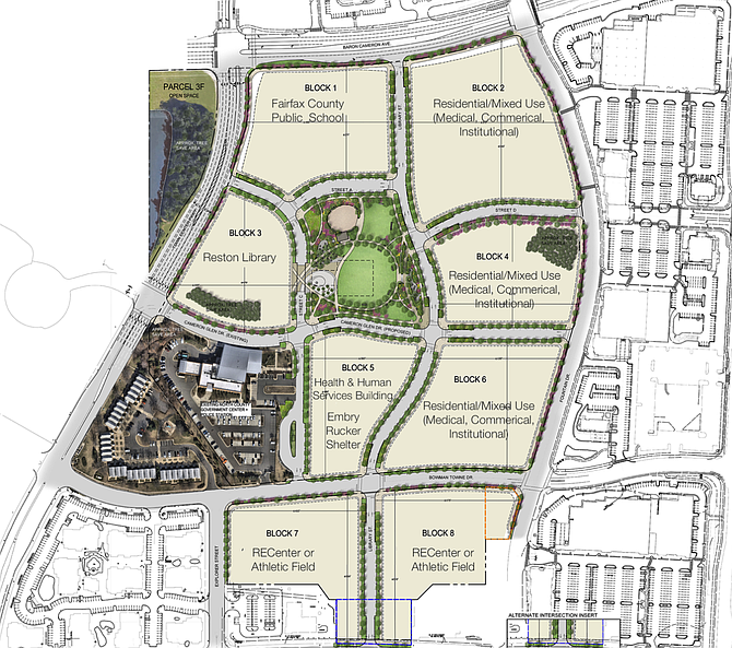 Color-coded site plan map showing labeled blocks and land uses for a mixed-use redevelopment.