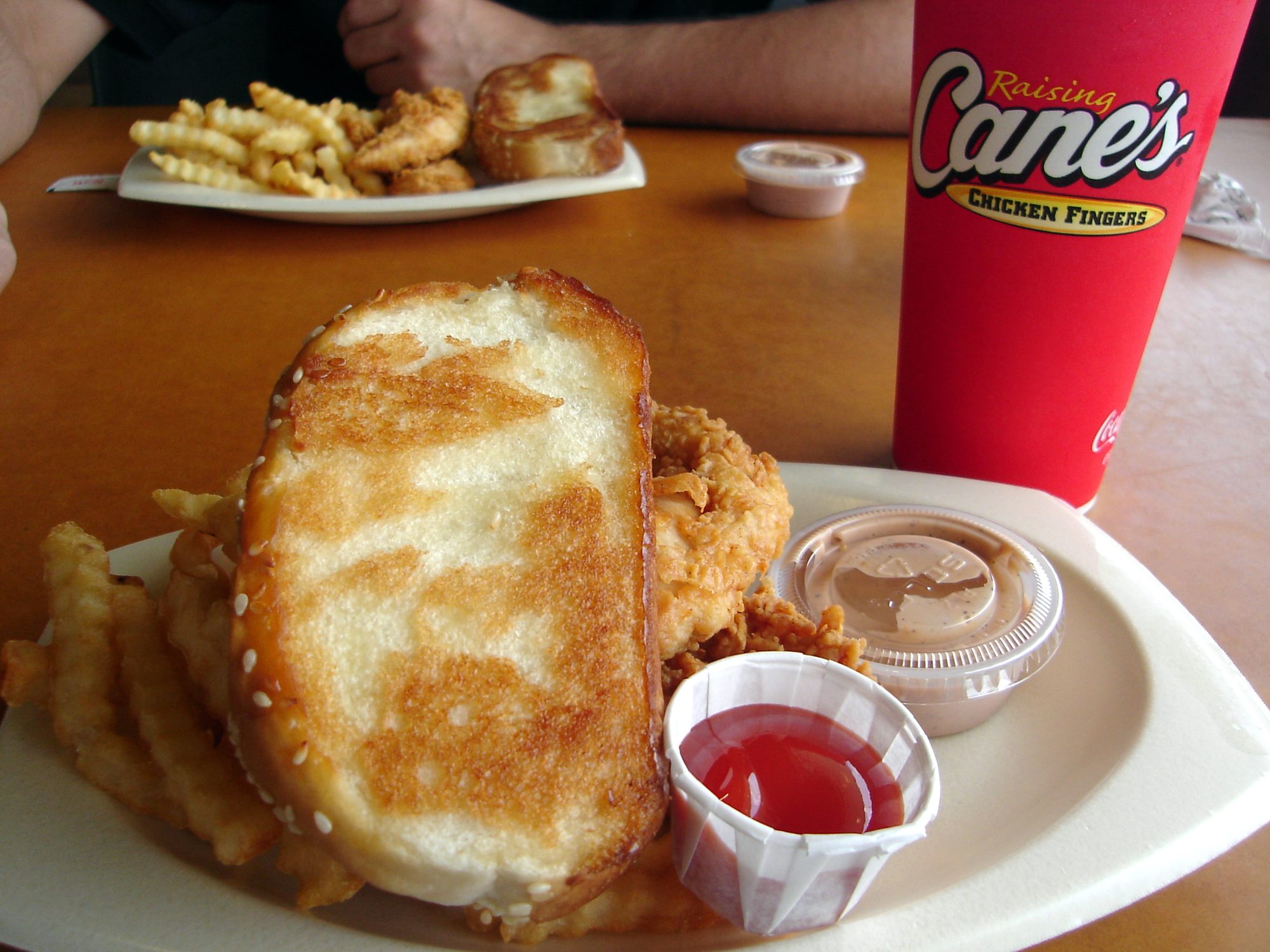 Raising Cane's 3 Finger Combo
with fries and Texas Toast and beverage, sauces on the side. 

Blogged here!