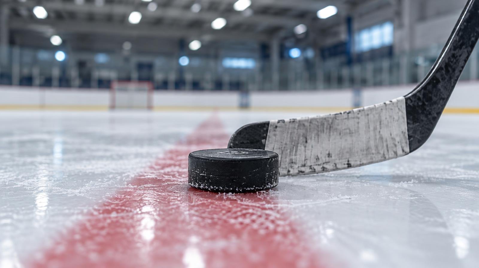 A black hockey puck and stick blade resting on a red line on a white ice surface.