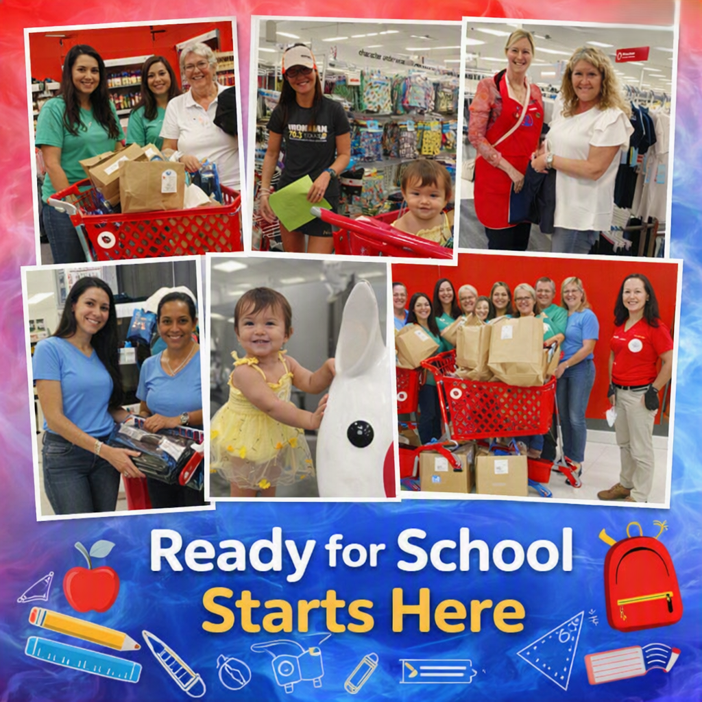 Volunteers fill red shopping carts with brown paper bags inside a Target store.