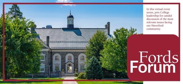 Promotional flyer for the Fords Forum event series featuring a stone collegiate building.