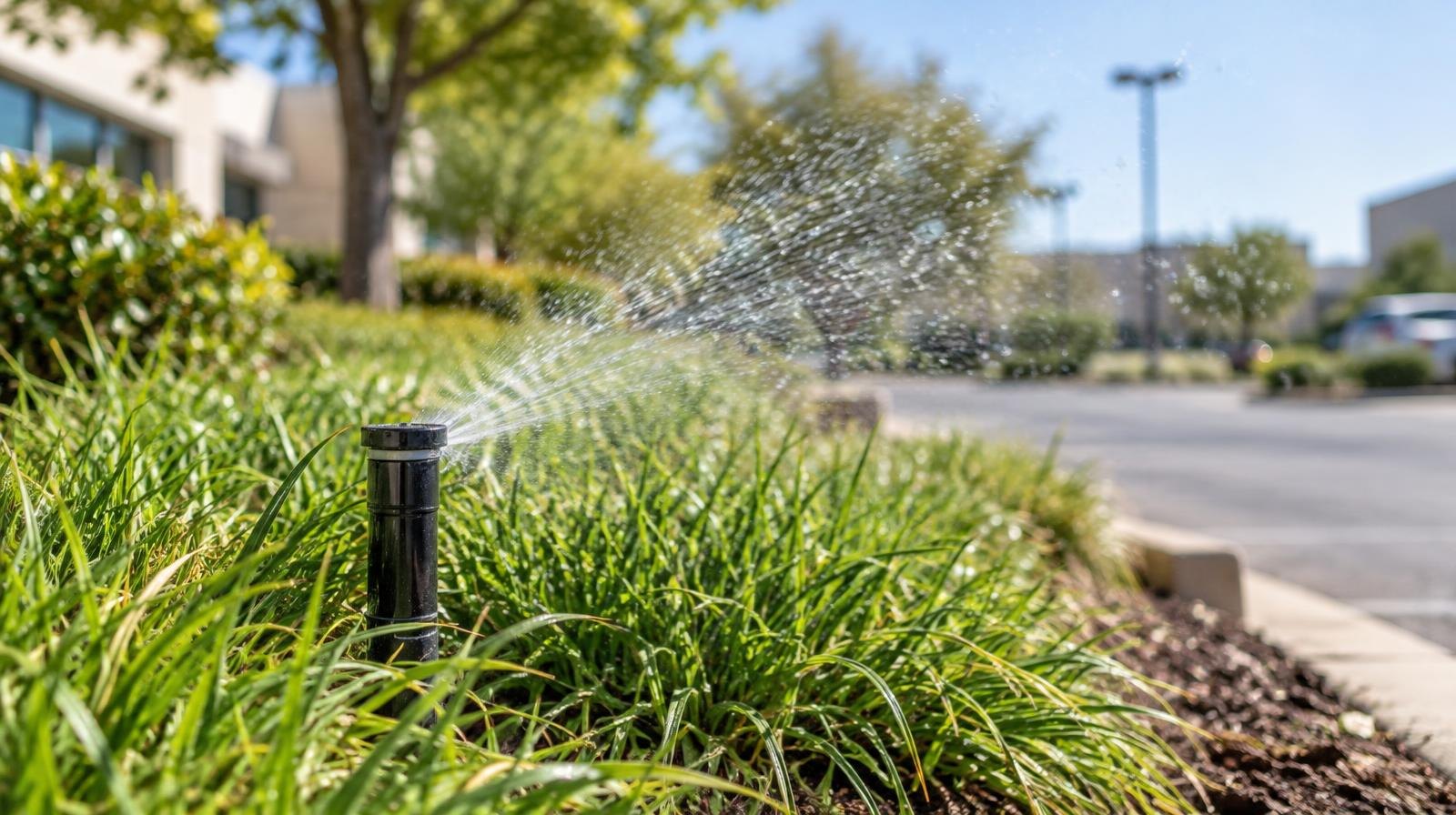 A sprinkler head spraying water over a patch of green grass outdoors.