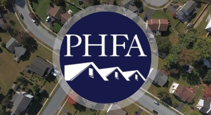 PHFA logo in navy blue circle with stylized roofline graphic over aerial neighborhood view.