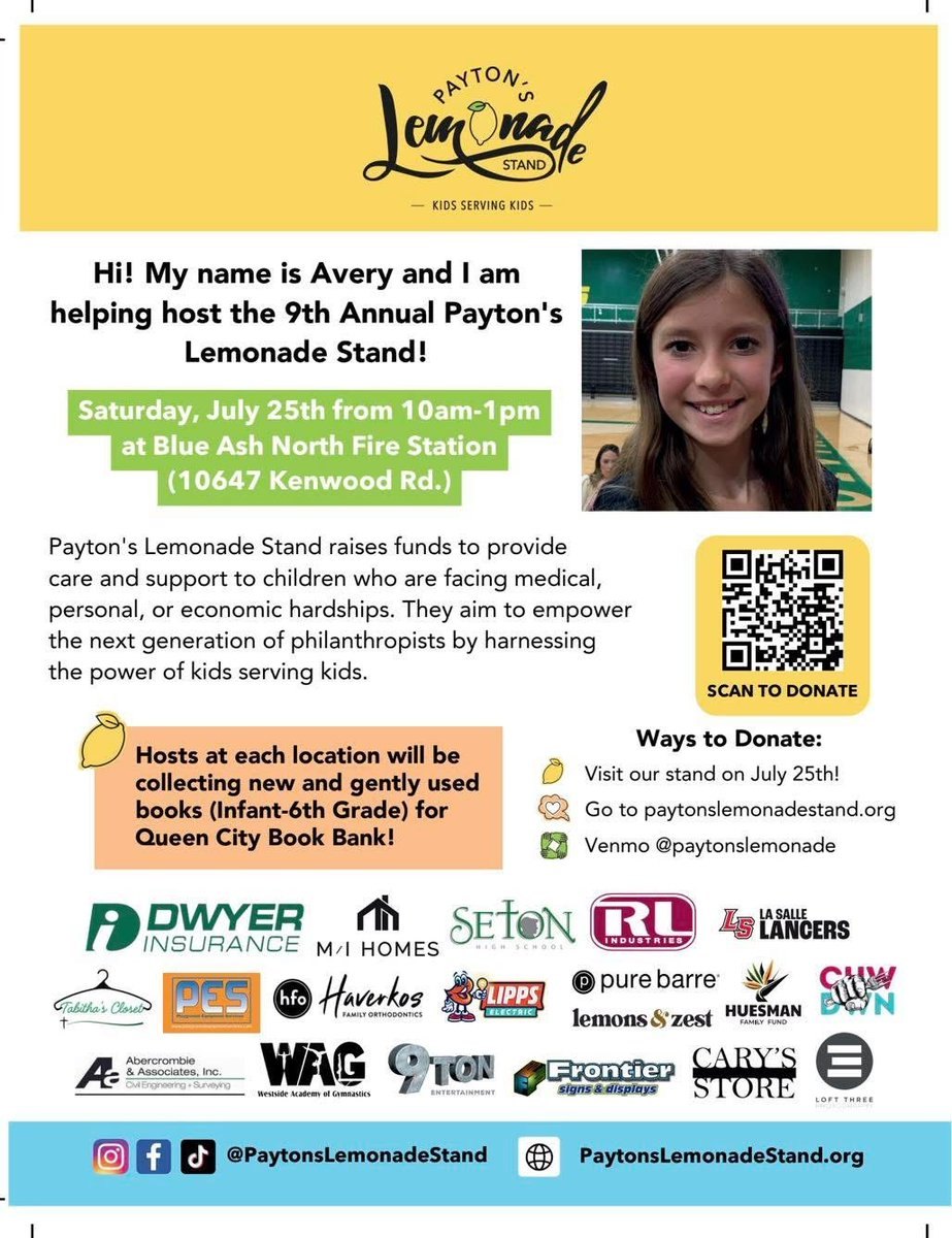 Promotional flyer for a lemonade stand fundraiser event with date, time, location, and sponsor logos.