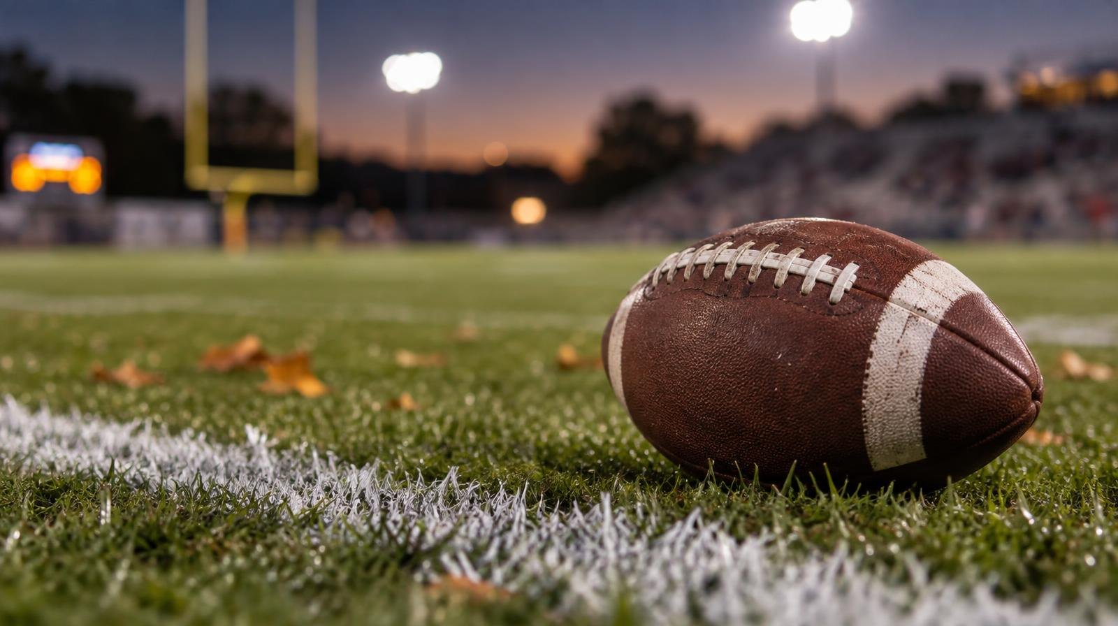 An American football resting on green grass near a white painted yard line.