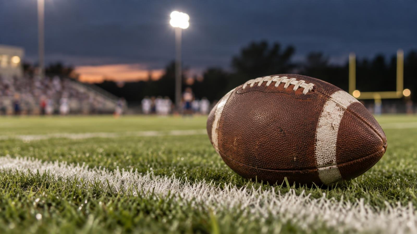 An American football resting on green grass beside a white yard line under stadium lights.
