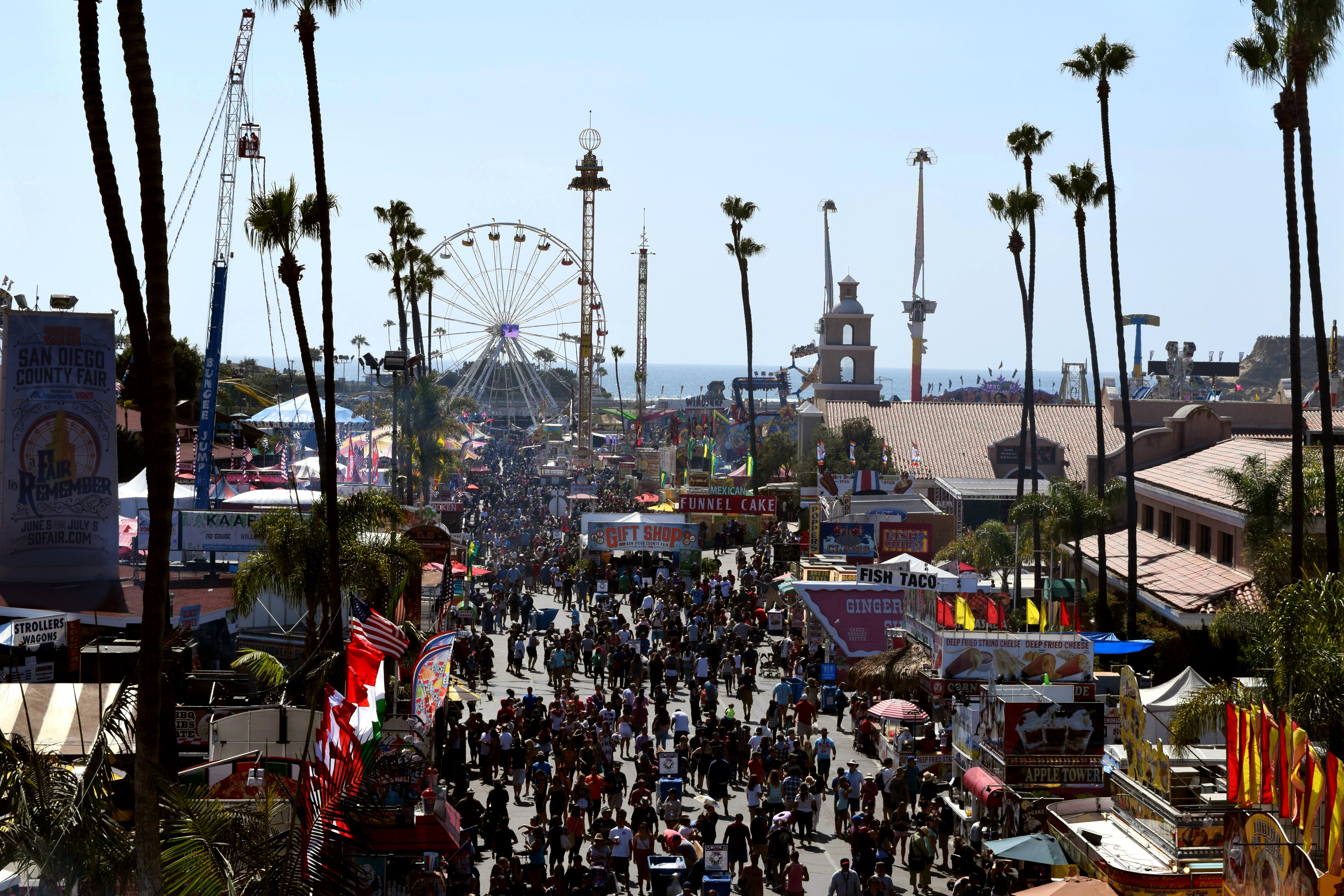 Aerial view of a crowded fairgrounds midway with a Ferris wheel and palm trees.