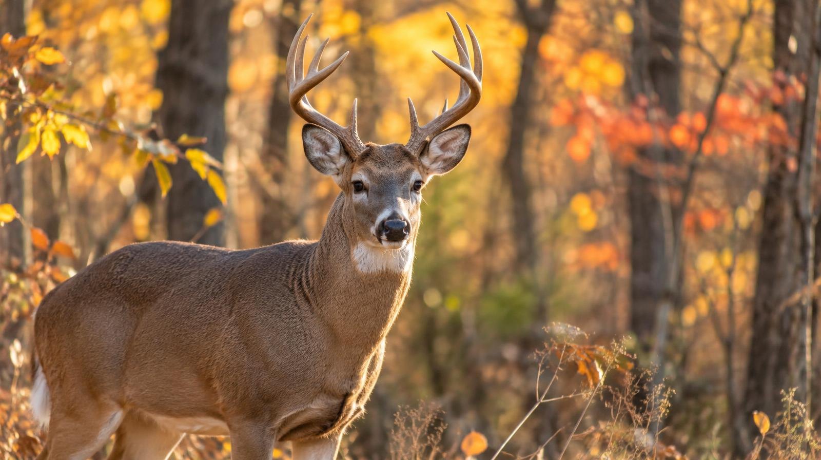 A white-tailed deer standing at the edge of an autumn forest in golden light.