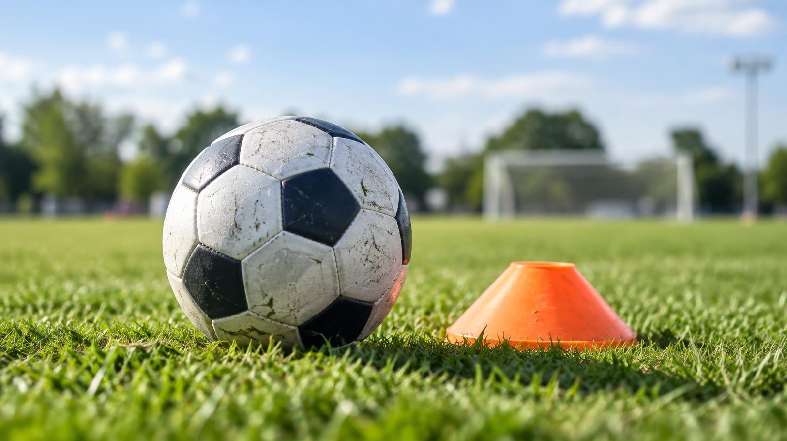 A black-and-white soccer ball on green grass next to an orange training cone.