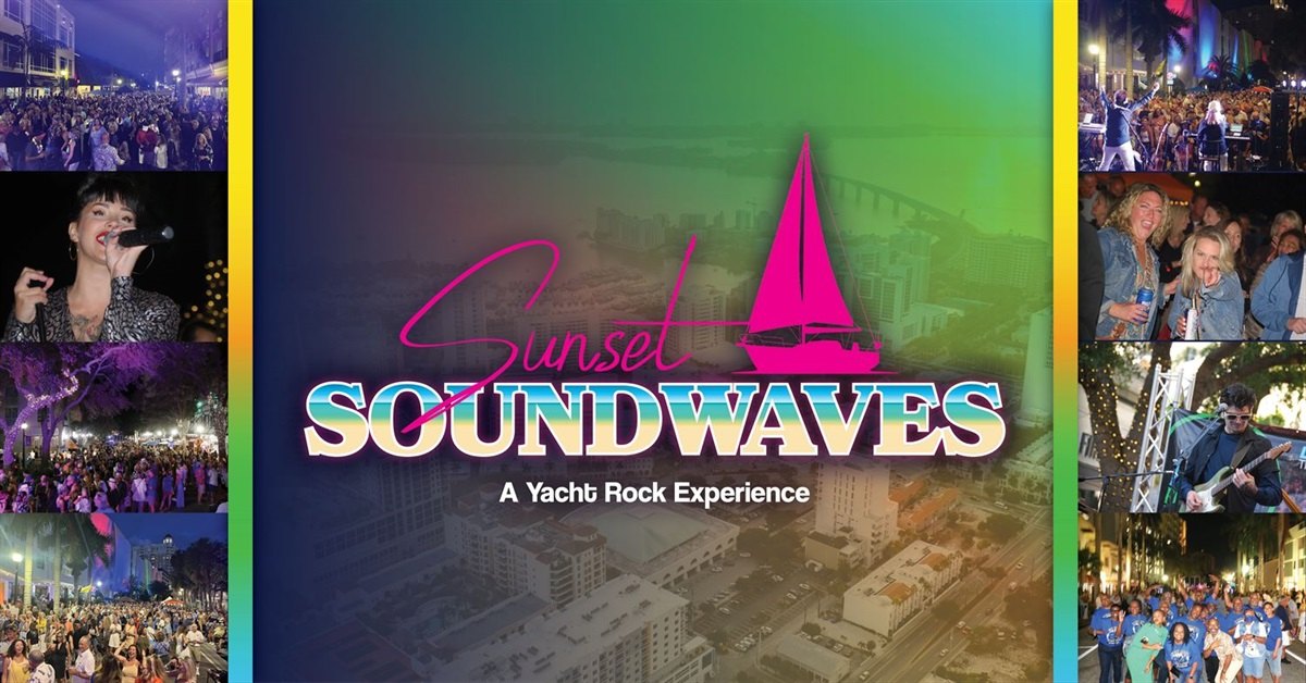 Promotional flyer featuring a pink sailboat graphic and retro gradient design for an outdoor music event.