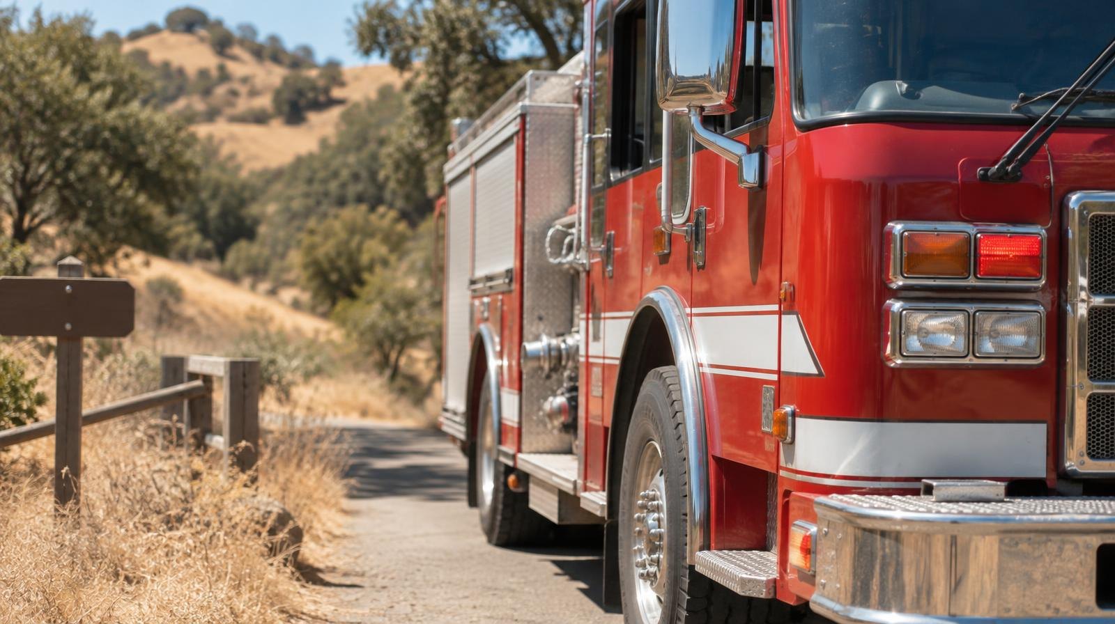 Red fire engine parked on a narrow road beside dry golden hillside.