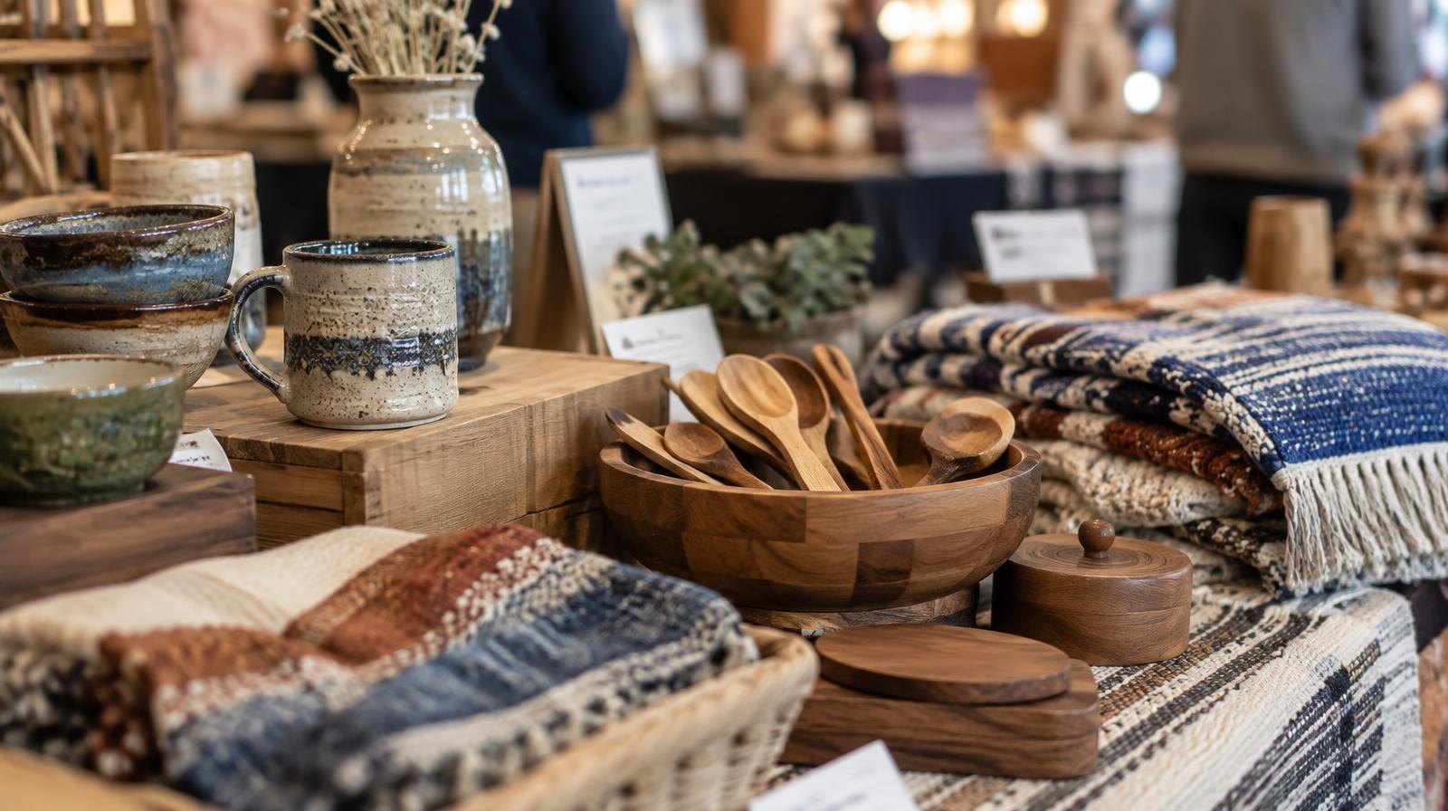 Pottery, woven textiles, and wooden crafts arranged on a market table indoors.