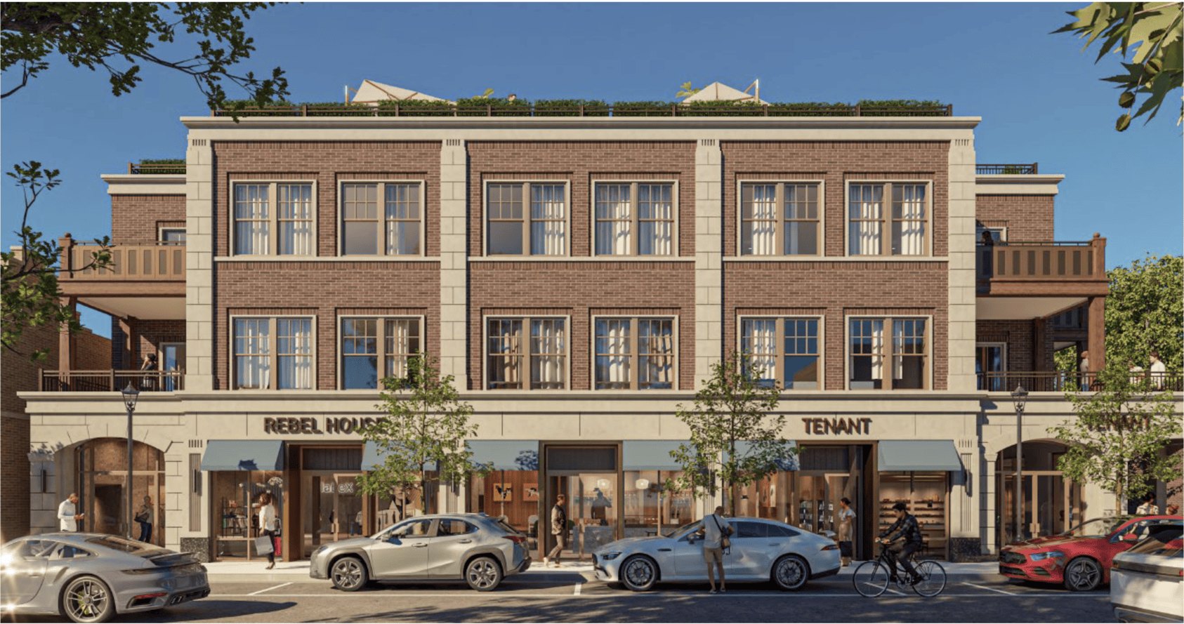Architectural rendering of a four-story mixed-use building with brick facade, ground-floor retail storefronts, street trees, and rooftop garden.