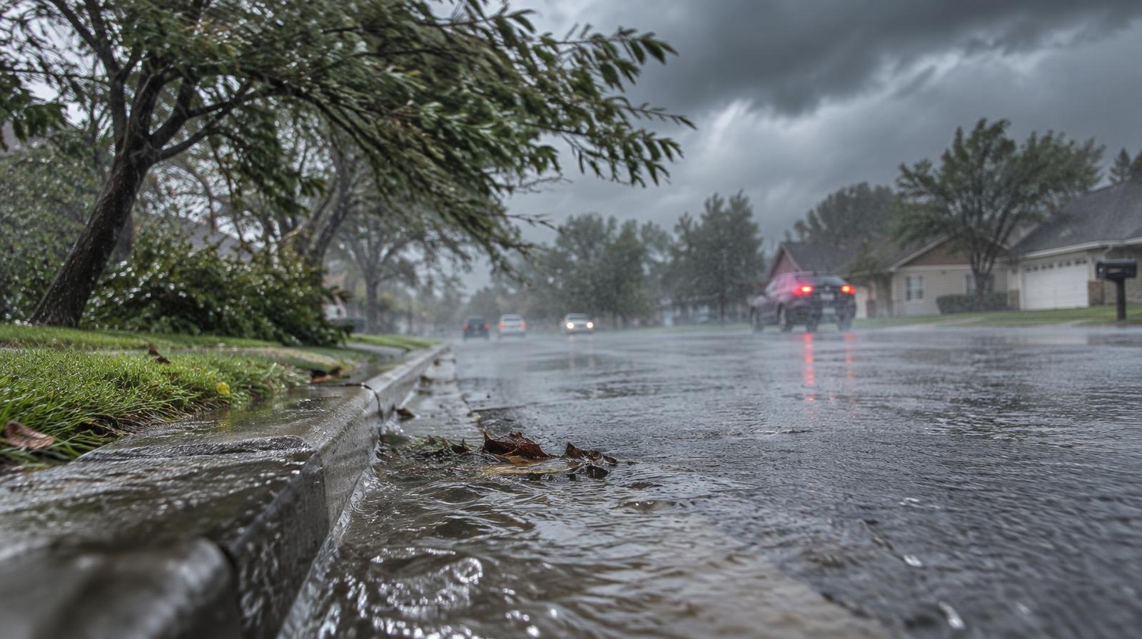 Rain-soaked street with standing water, bent tree branches, and dark storm clouds.