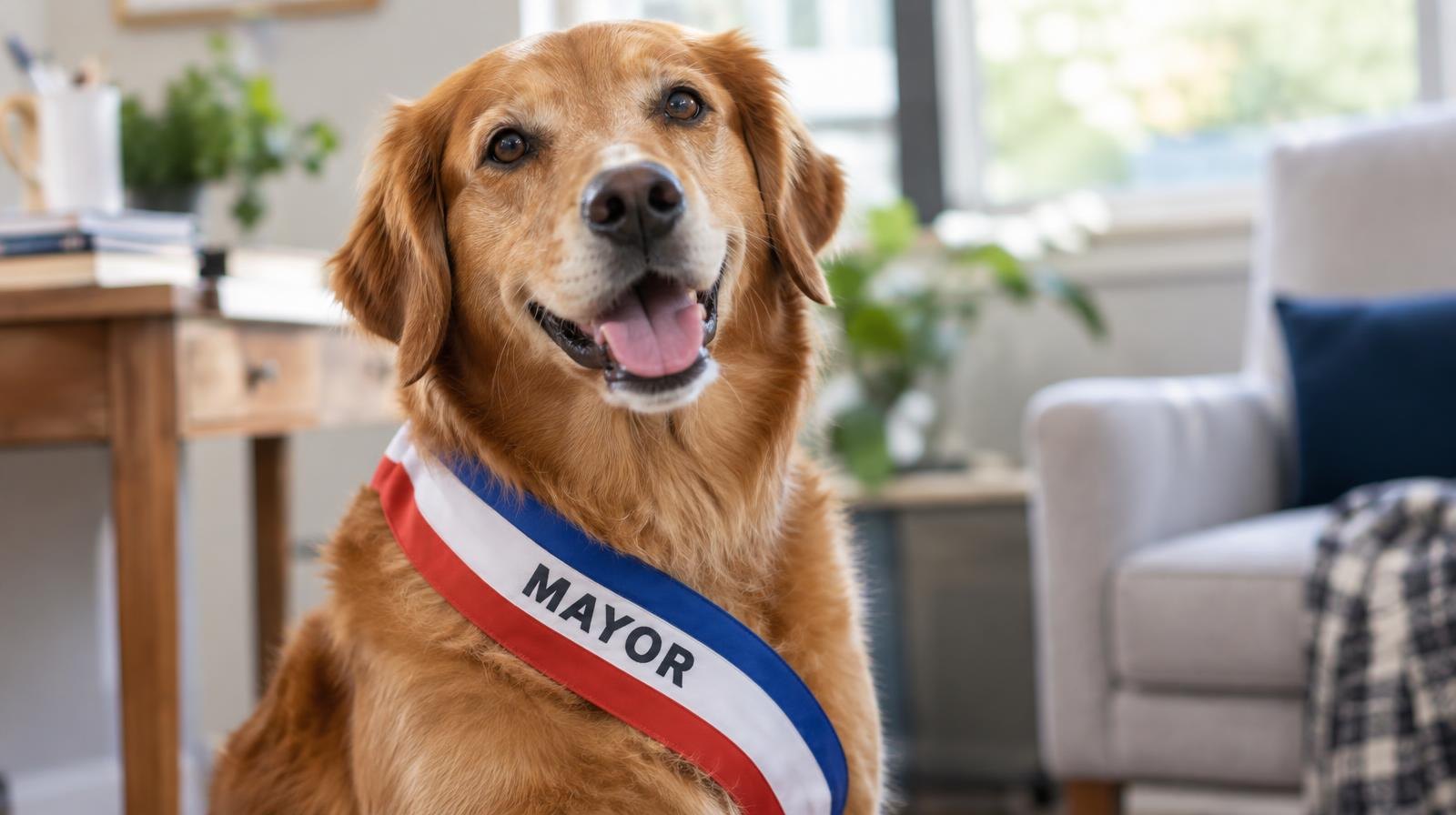 A dog wearing a small sash sits and looks at the camera.