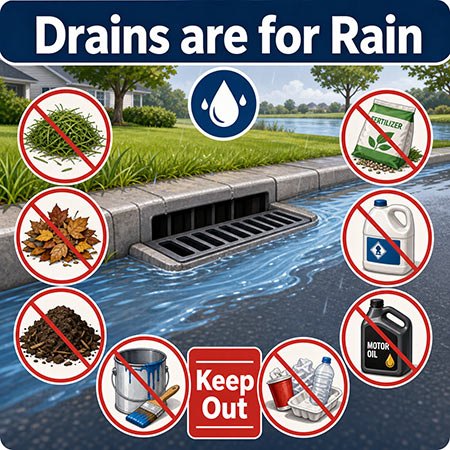 Infographic showing a curb storm drain with red prohibition symbols over grass clippings, leaves, chemicals, and trash.