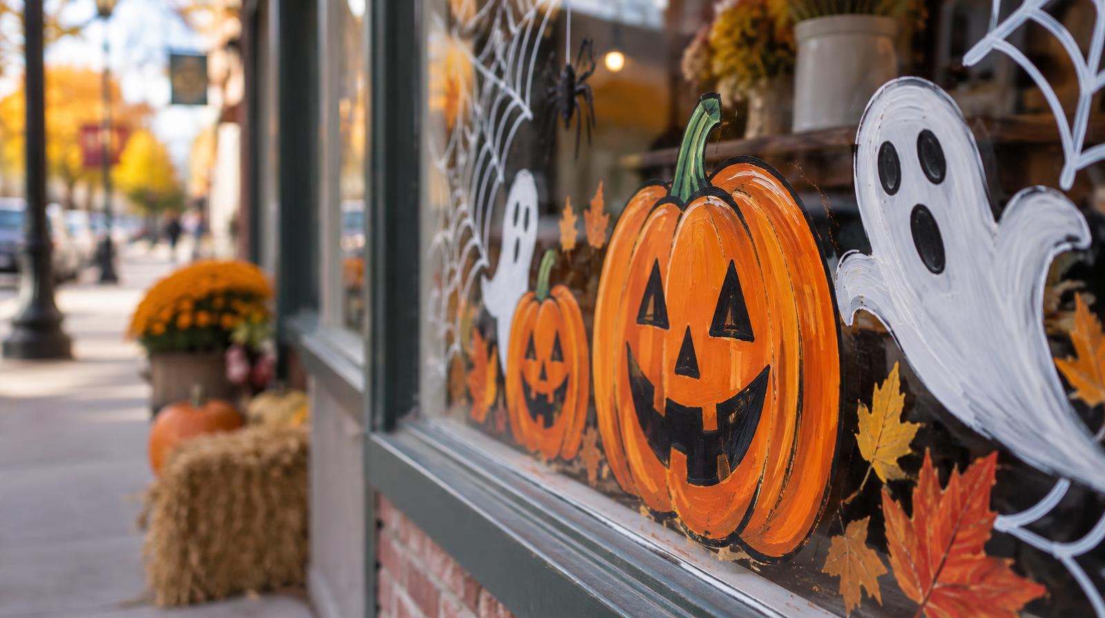 Storefront window painted with colorful Halloween jack-o'-lanterns, ghosts, and spiderwebs.