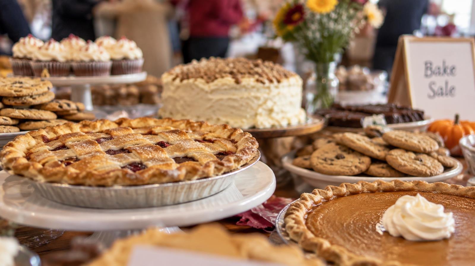 Pies, cakes, and cookies arranged on a table indoors.