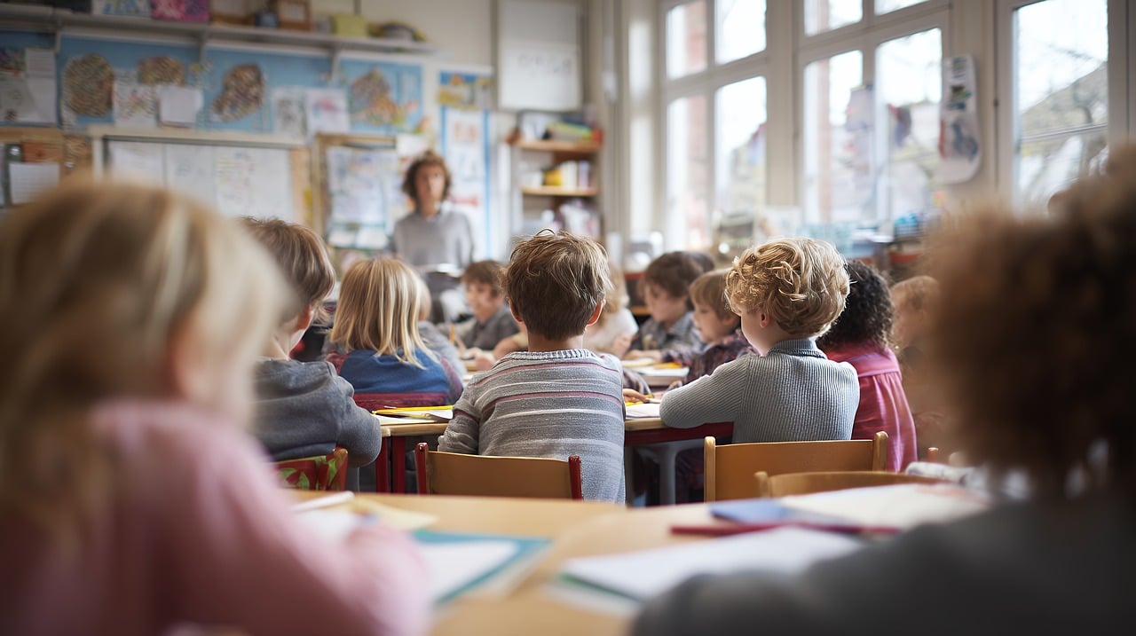 Elementary school students sit at desks in a sunlit classroom while a teacher stands at the front of the room.