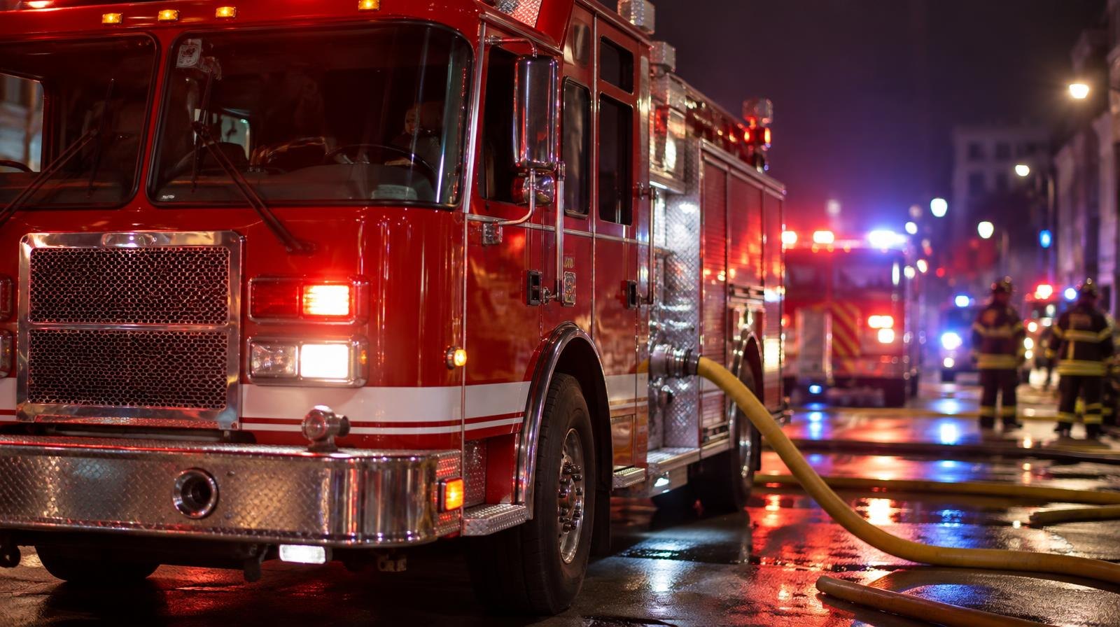 Red fire engine at night with emergency lights on and hoses on the ground.