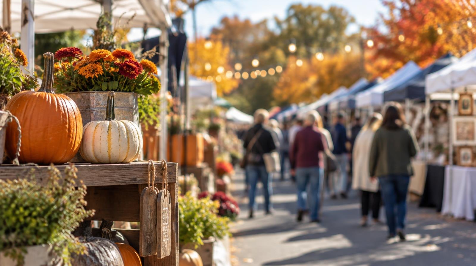 Rows of colorful tents at an outdoor street fair on a sunny autumn day.