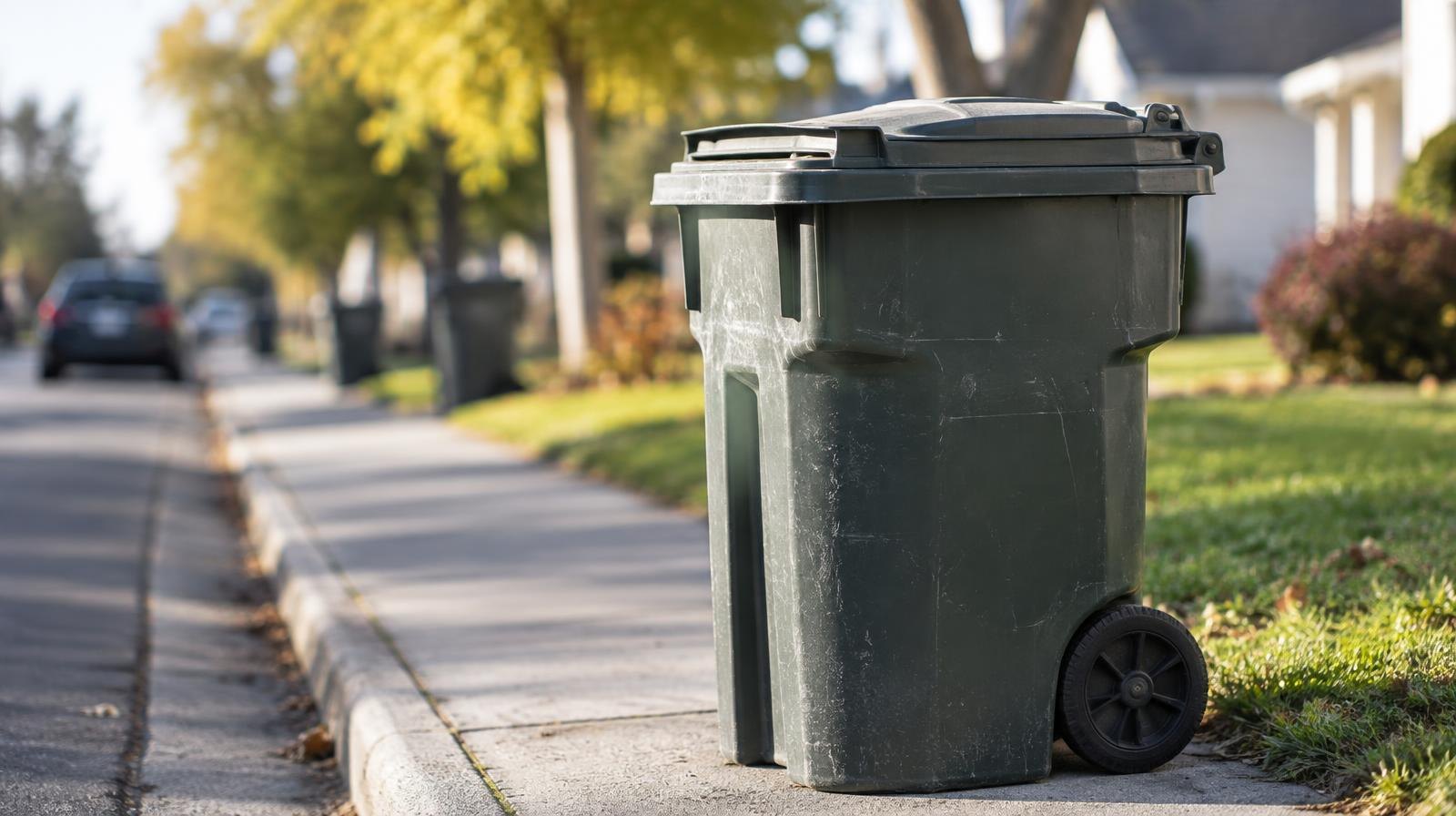 A closed residential trash bin sitting on a suburban sidewalk.