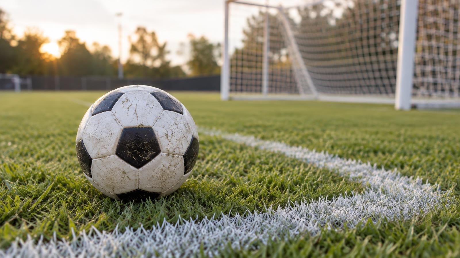 A soccer ball on a grass field near a painted corner arc with a goal net in the background.