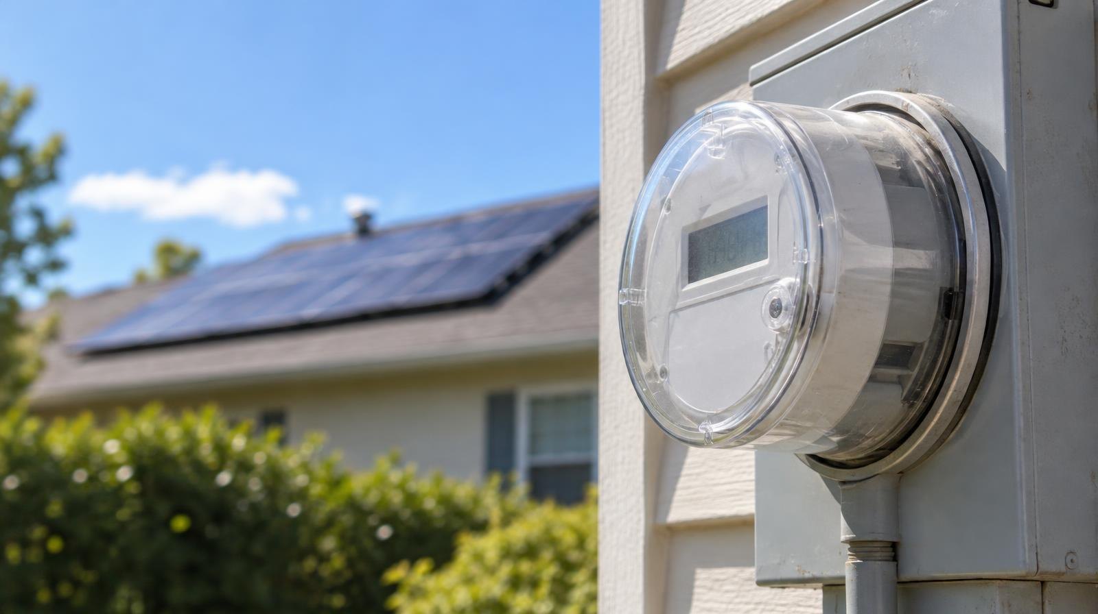 A utility meter mounted on a house exterior with solar panels on the roof behind it.