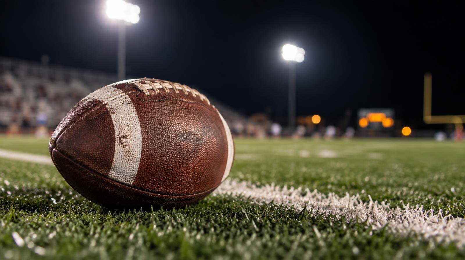 An American football resting on green artificial turf under bright stadium lights at night.