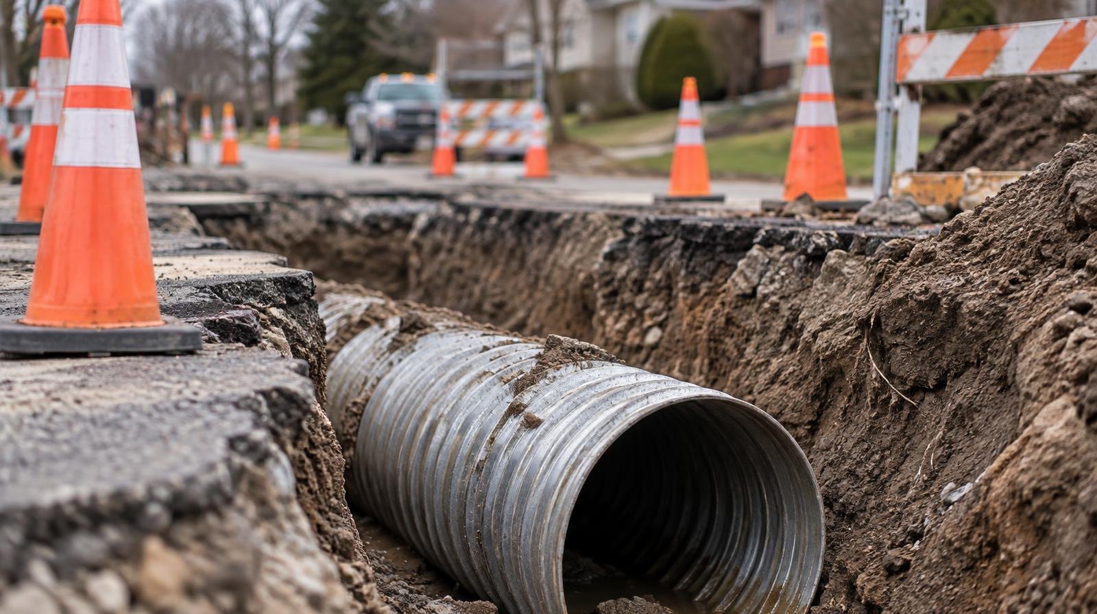Open street trench revealing a large corrugated metal storm drain pipe with orange traffic cones around it.