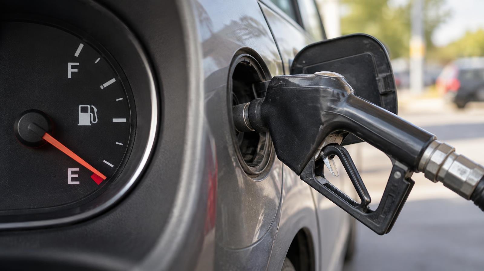 Gas pump nozzle inserted into a car's fuel tank opening in daylight.