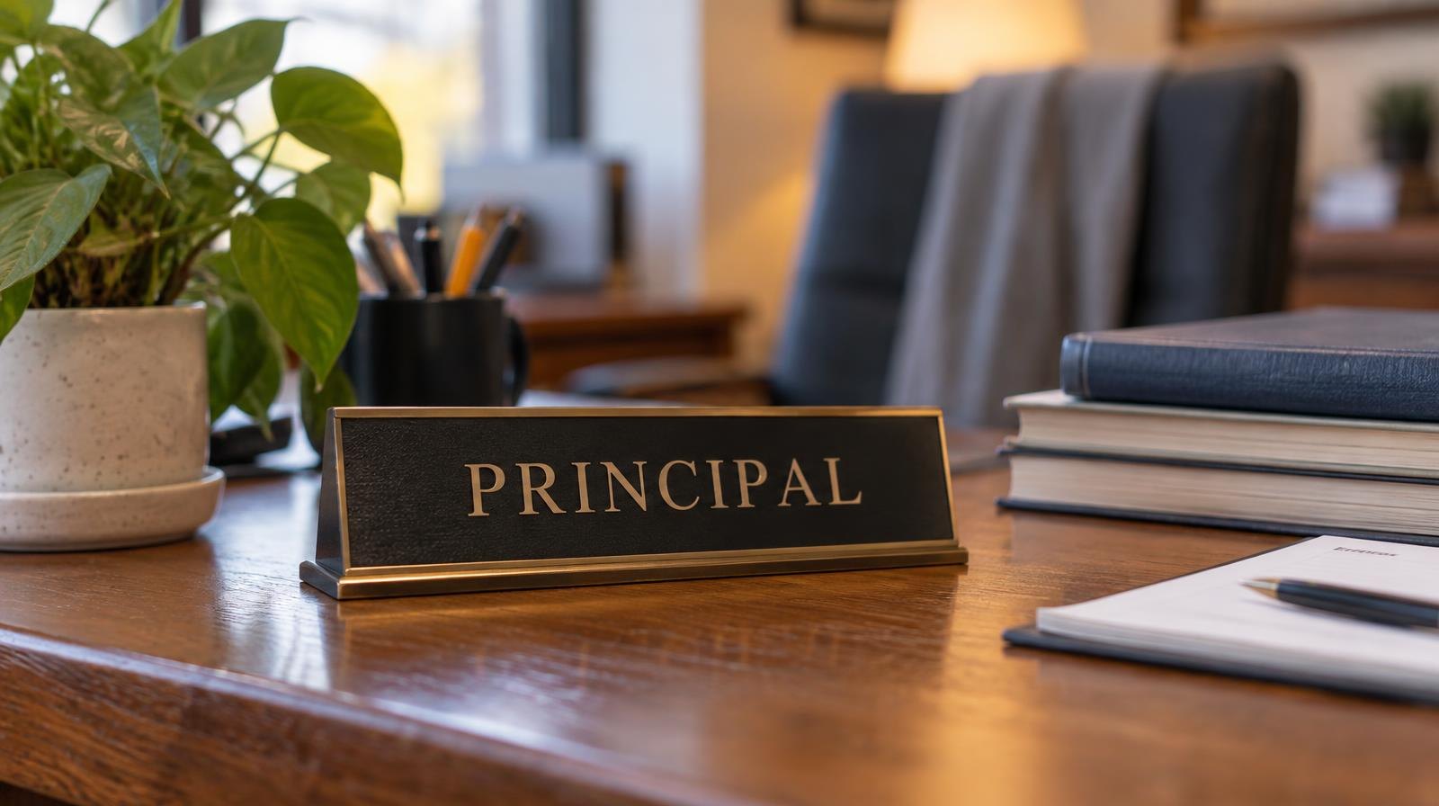 A nameplate on a wooden desk next to stacked books and a small potted plant.