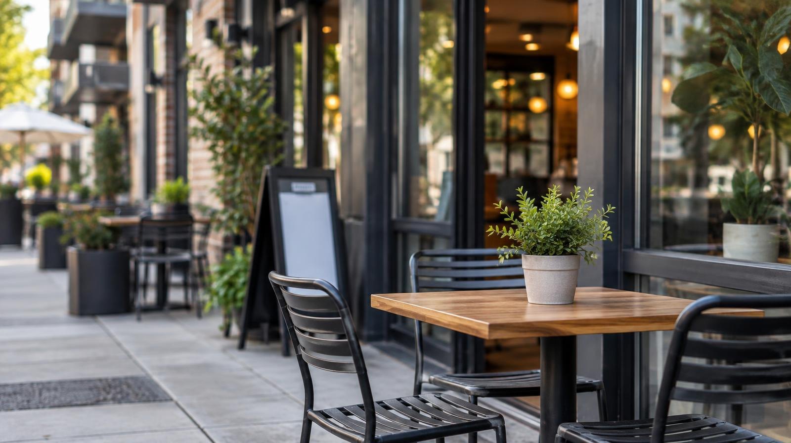 Storefront retail space with glass windows and patio seating at a mixed-use building.