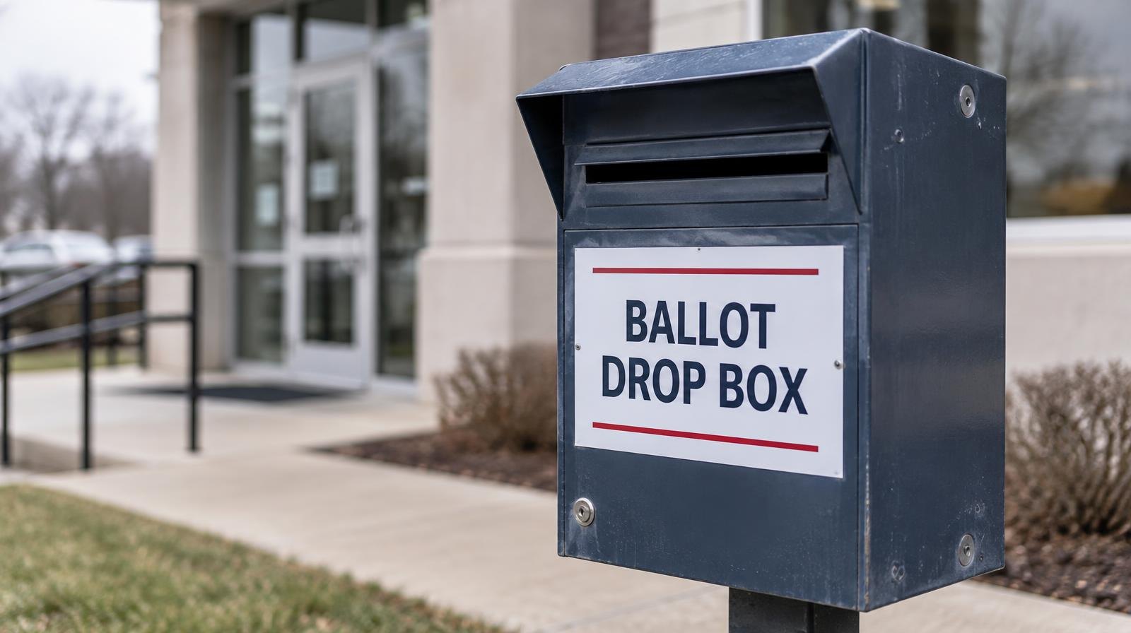 A metal ballot drop box with a slot opening mounted on a post outdoors.