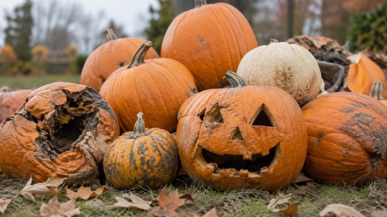 A pile of carved and uncarved pumpkins in various stages of decay on grass.