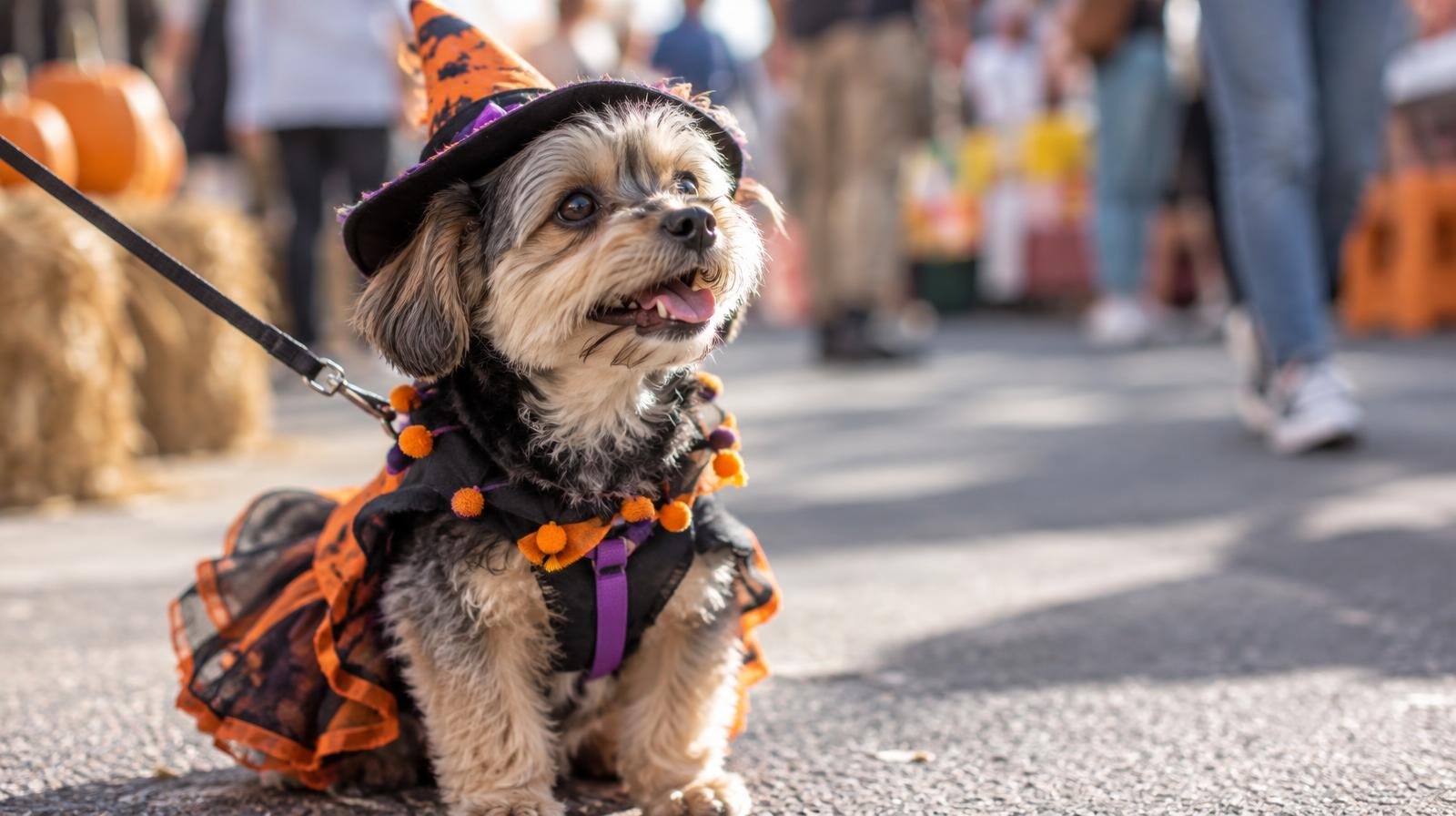 A small dog wearing a colorful Halloween costume on a leash outdoors.