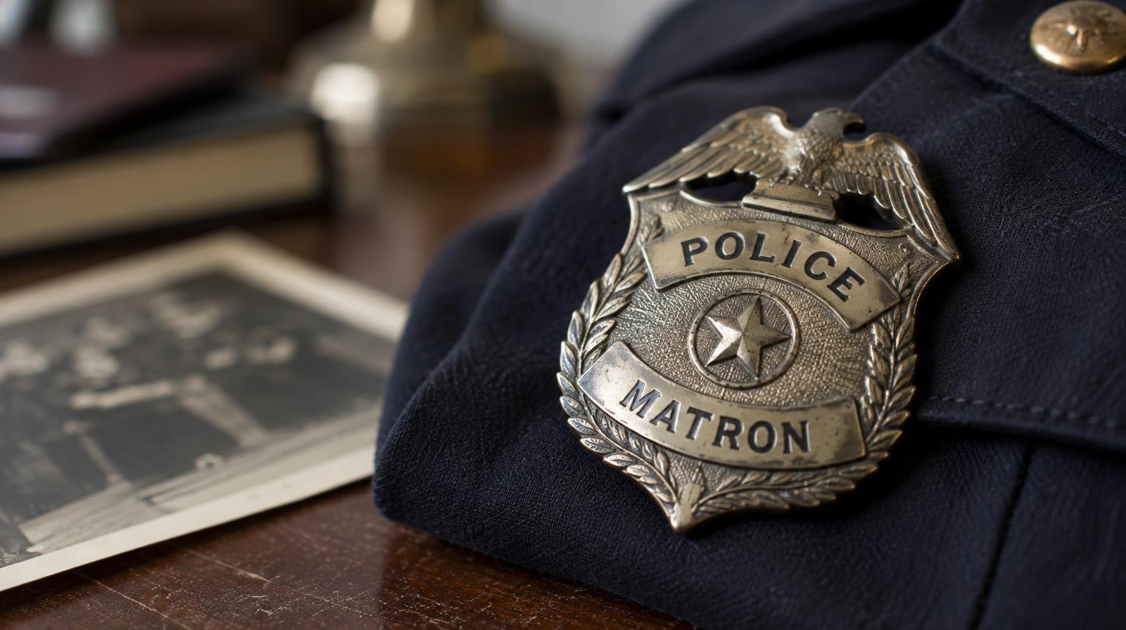 A vintage metal police badge resting on dark folded fabric.