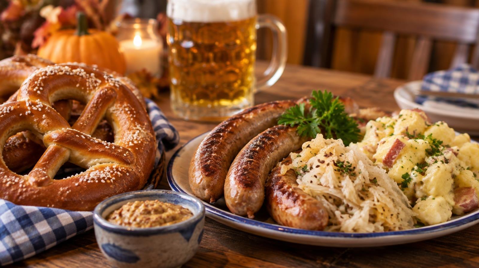 Bratwurst, pretzels, sauerkraut and potato salad arranged on a wooden table.