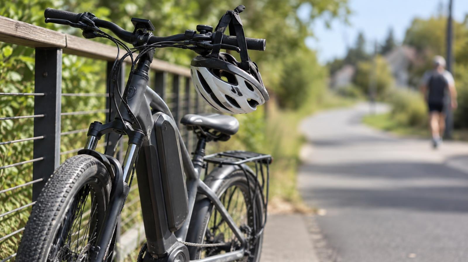 Electric bicycle leaning against a railing with a helmet on the handlebars.