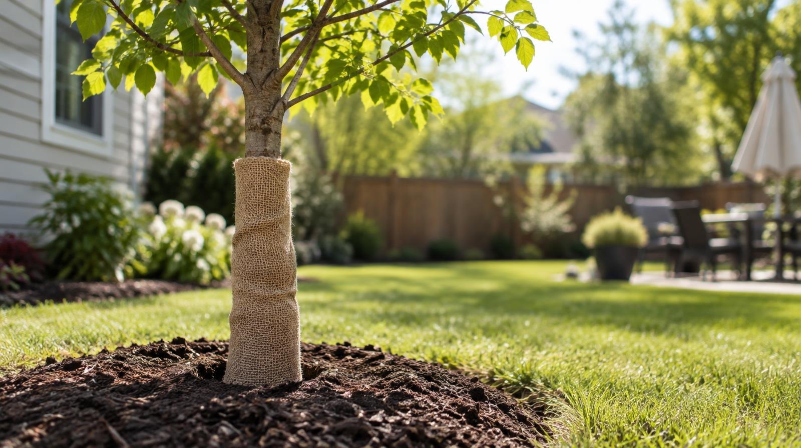A young tree with burlap-wrapped trunk planted in a mulched ring in a sunny yard.