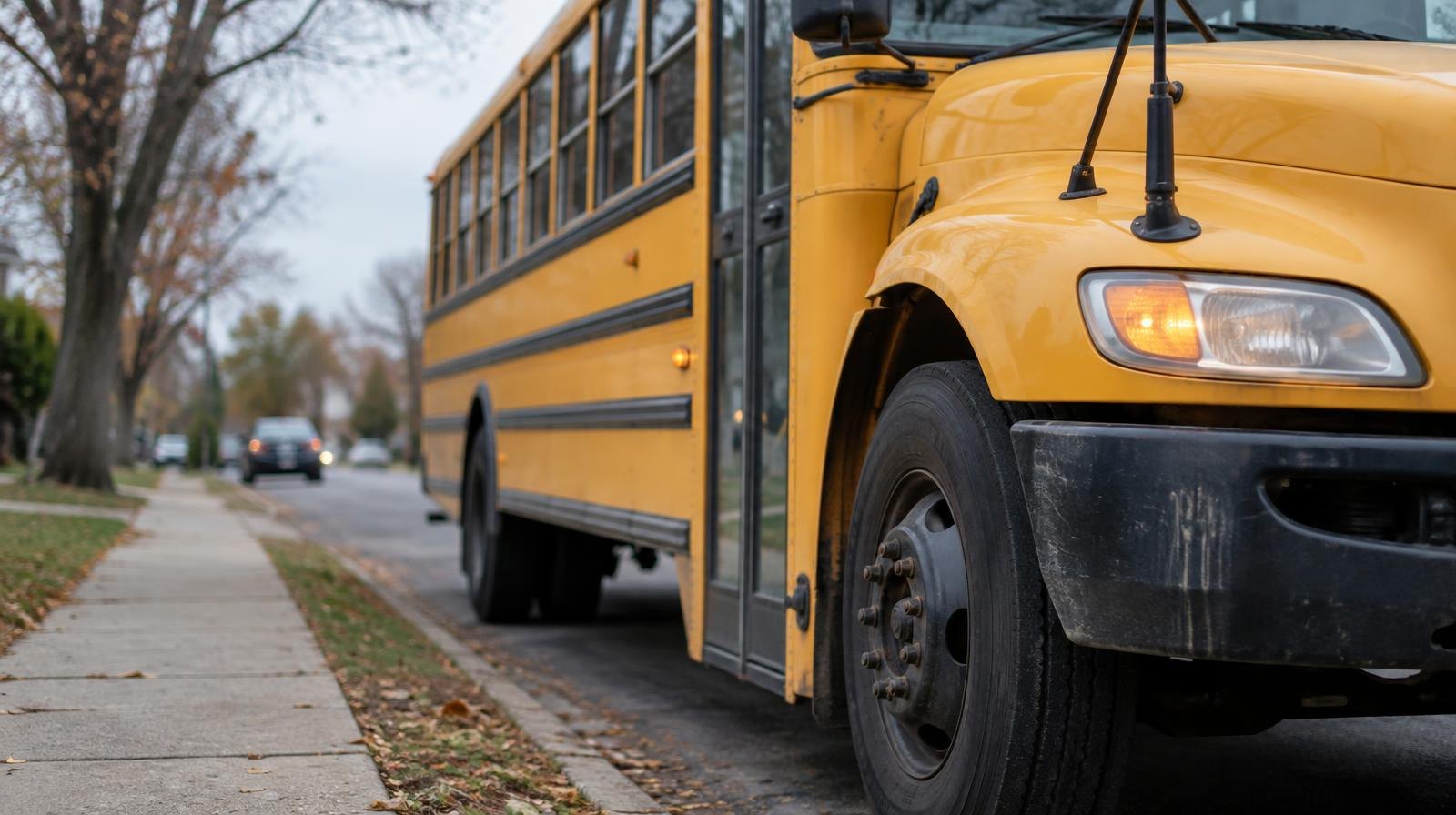 Yellow school bus parked at a curb on a quiet street at dawn.