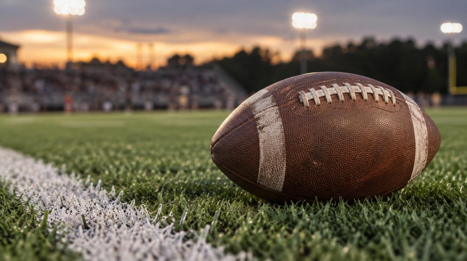 An American football resting on green artificial turf beside a white yard line.