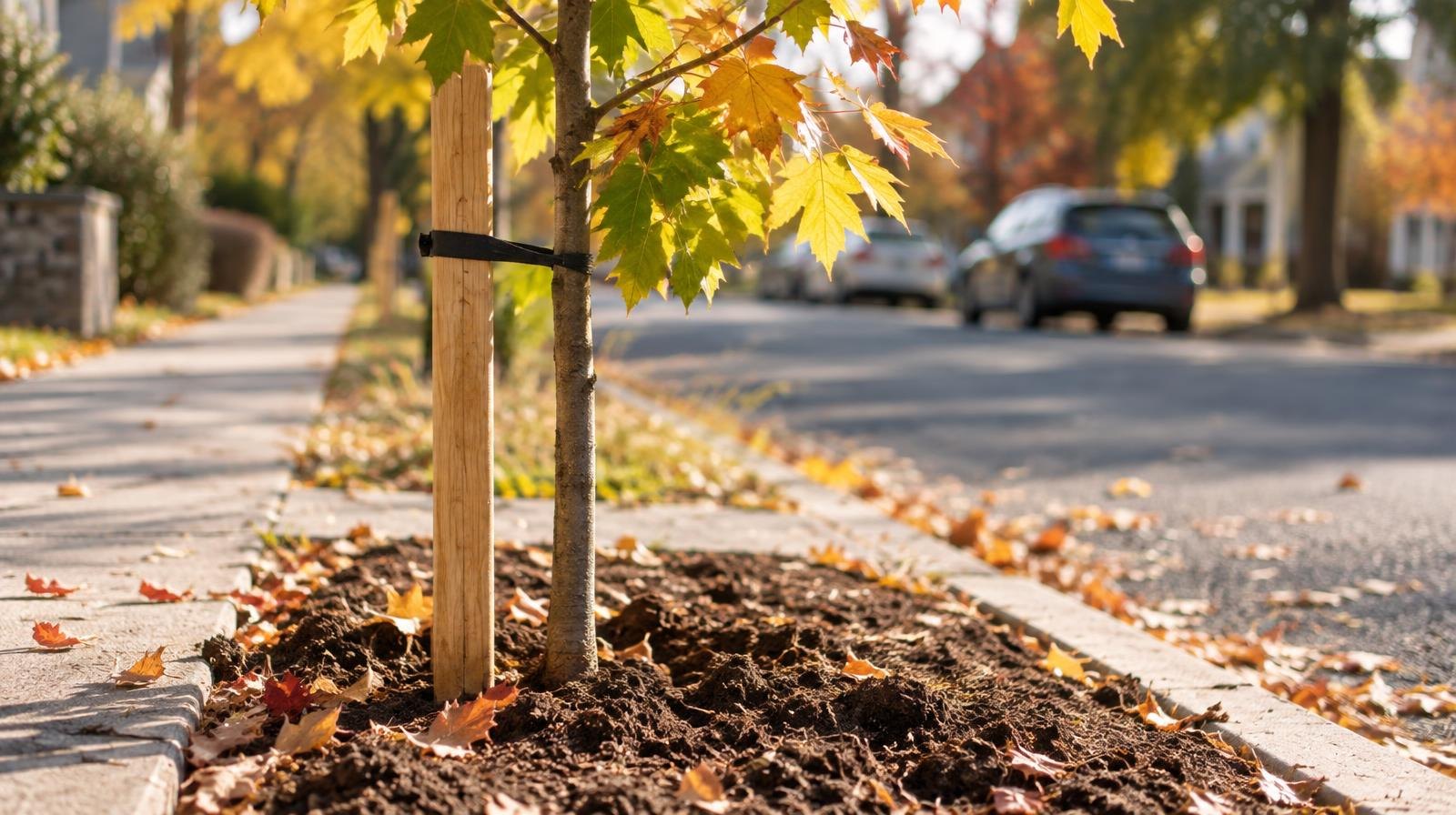 Young tree sapling planted in a sidewalk pit with a wooden support stake.