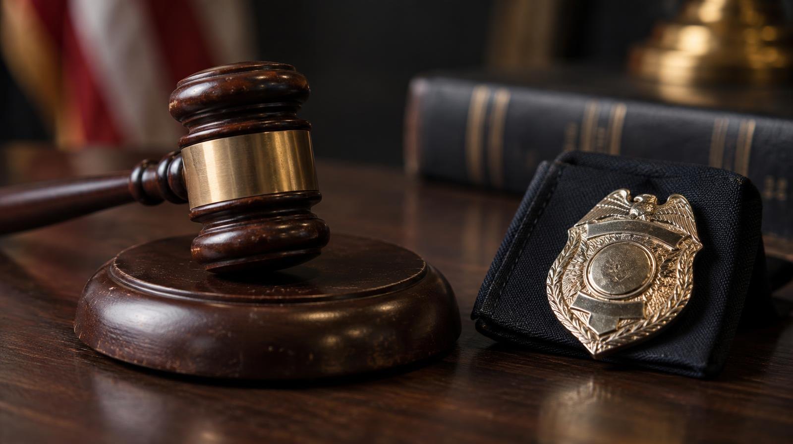 Wooden gavel on its sound block beside a folded law enforcement badge on a dark surface.