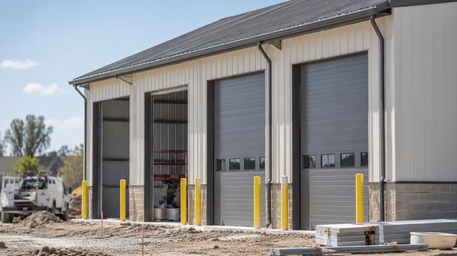 New municipal building under construction with large garage bay doors and metal roof.